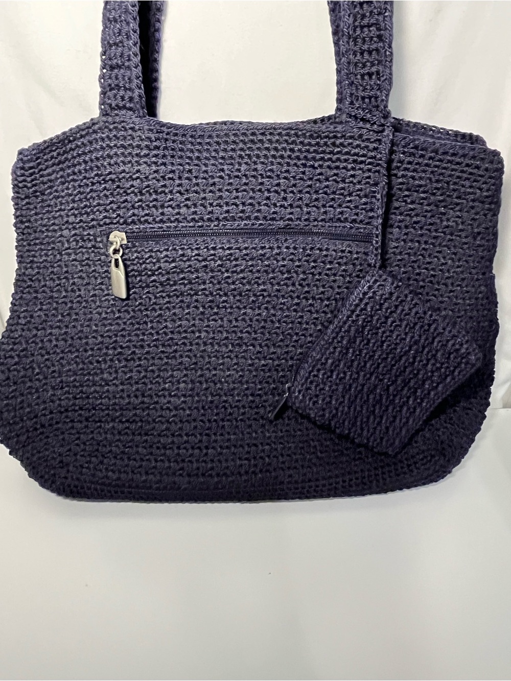Crocheted Shoulder Tote Bag in Navy with Matching Pouch